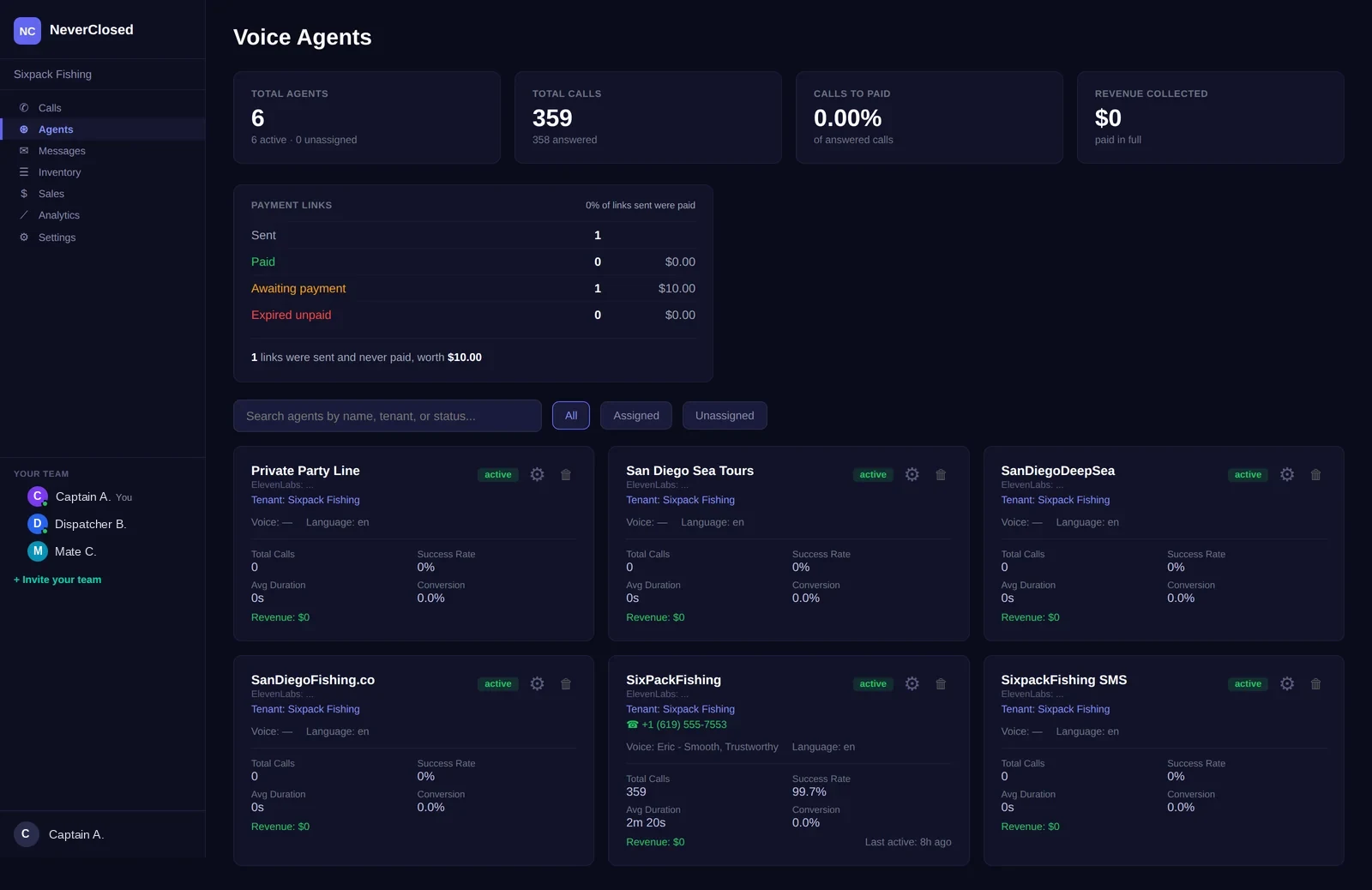 NeverClosed.AI Agents screen showing voice agents with per-agent call counts, answer rate, average duration and payment link status