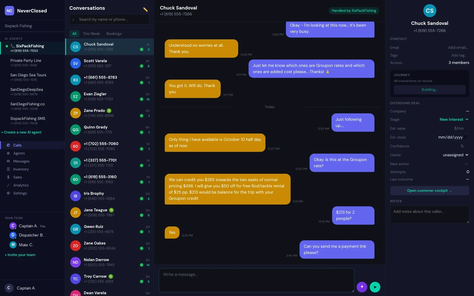NeverClosed.AI Calls inbox showing the caller list, a full conversation thread combining the voice transcript and SMS, and the contact record