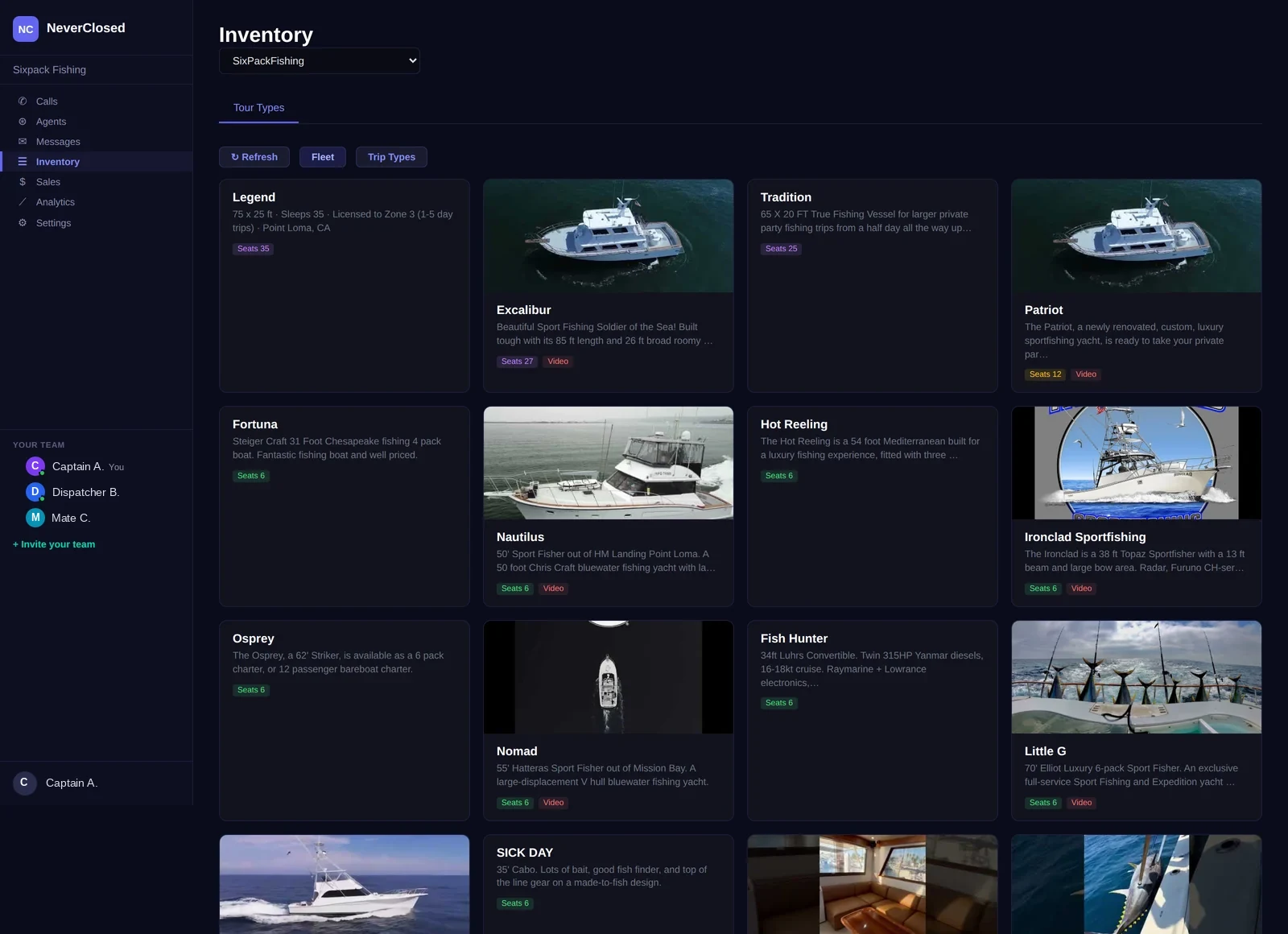 NeverClosed.AI Inventory showing the bookable catalogue synced from the booking platform, with capacity, descriptions and trip types