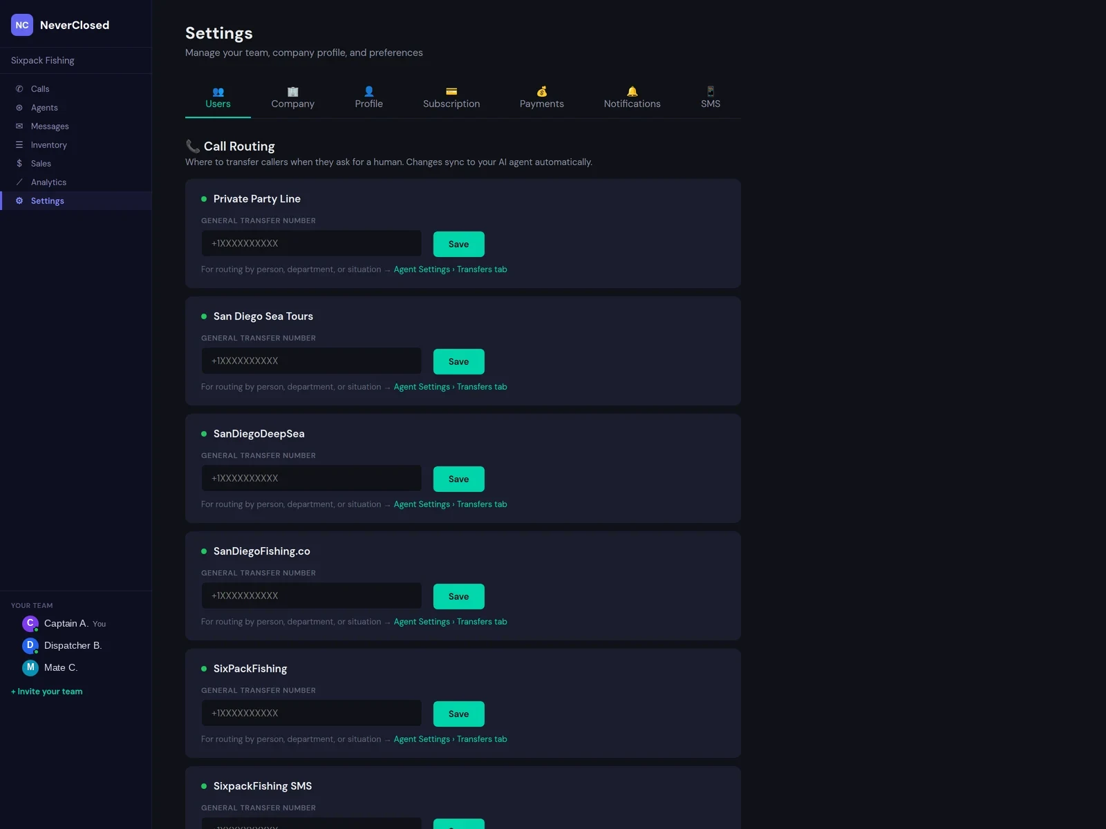NeverClosed.AI Settings showing business hours, call flow and transfer rules, notification routing and team access